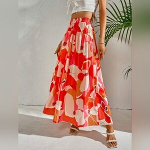 Joress Tropical Floral Orange and Pink Print Women's Maxi Skirt Medium Med